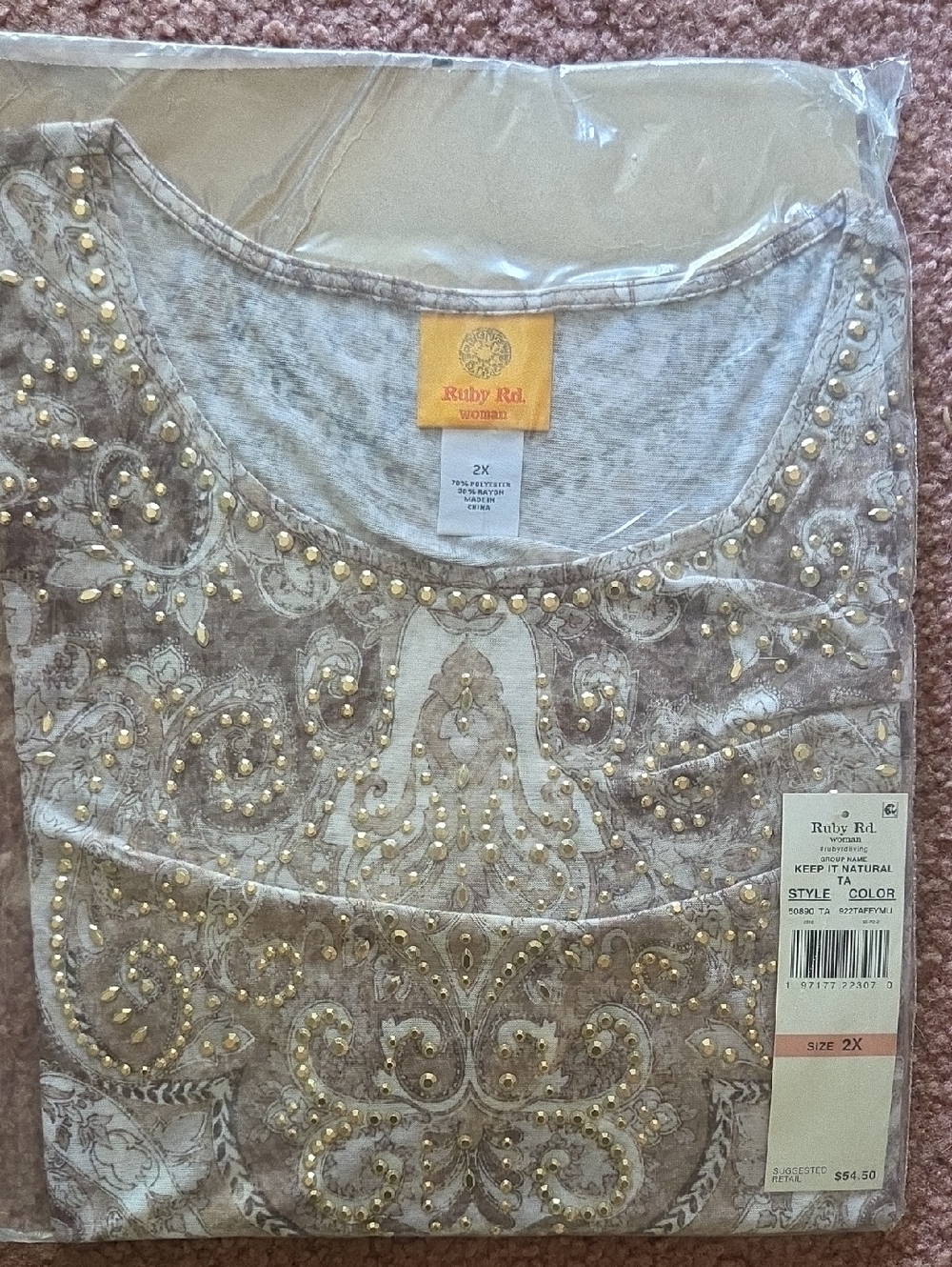 Ruby Rd. Taupe and Cream Paisley Scoop Neck Top with Gold Studs